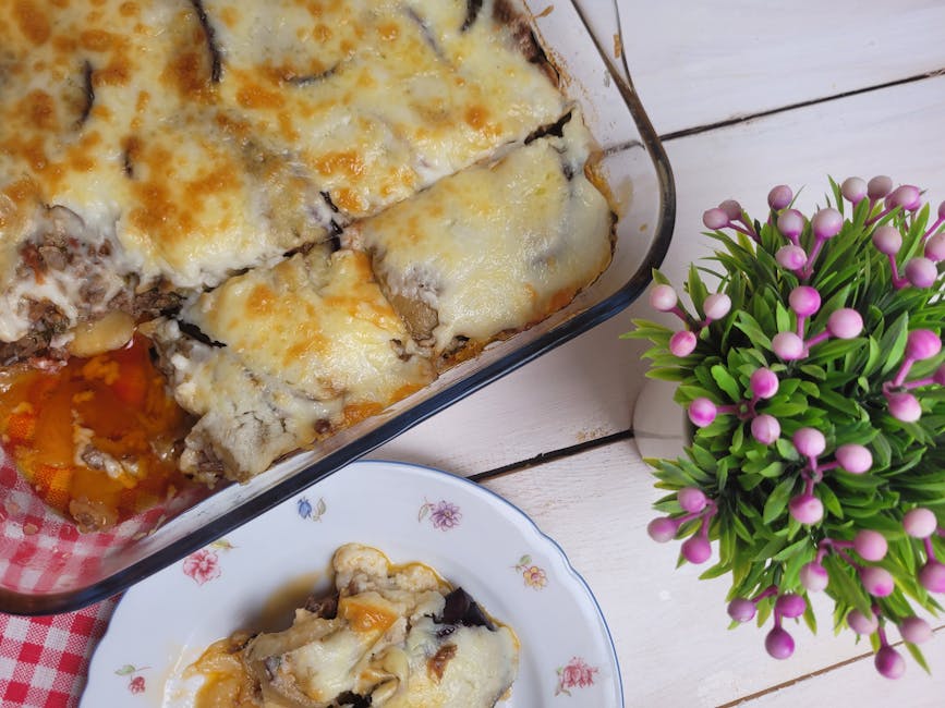 Greek dishes including moussaka, souvlaki, and Greek salad.